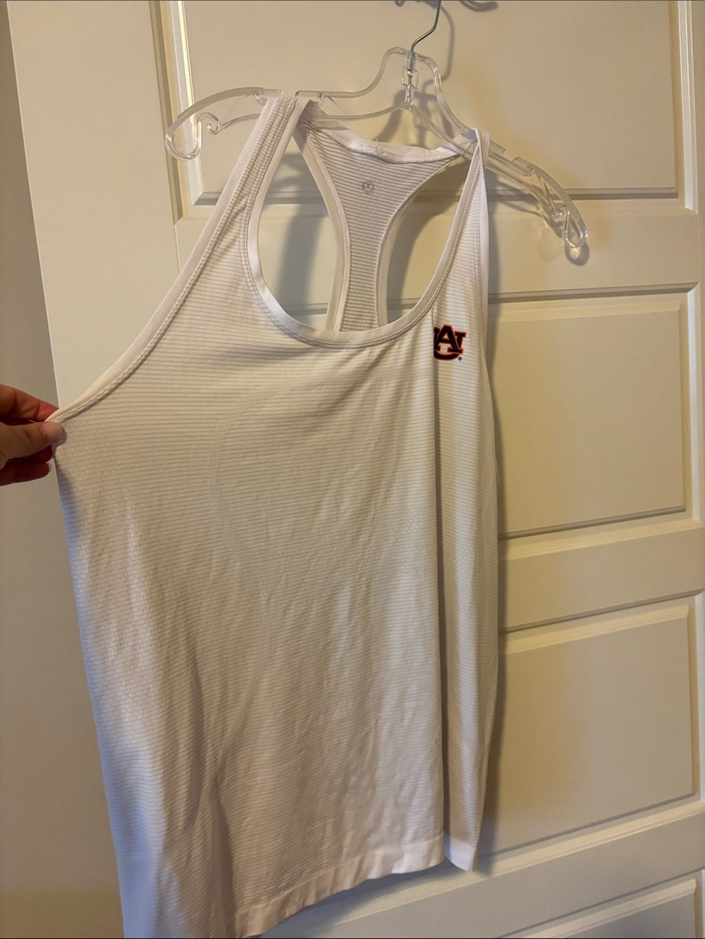 lululemon athletica White Racerback Tank -hip length Top with Auburn logo